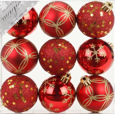 Weihnachtskugeln Dekorierte Kugeln Kunststoff 6cm 9er Set - Rot