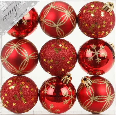 Produktbild von Weihnachtskugeln Dekorierte Kugeln Kunststoff 6cm 9er Set - Rot