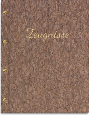 Produktbild von Zeugnismappe im gescheckten Korkeinband mit hochwertiger Beschriftung in gold – handgefertigte Mappe für Zeugnisse inkl. 12 Sichthüllen