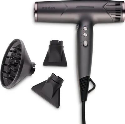 Produktbild von MEDION Föhn - Ionen Haartrockner mit Diffusor HD2 (Ionen, 1.500 Watt, Stylingdüse, vielseitige Aufsätze, leise langlebiger BLDC Motor, Selbstreinigungsfunktion, langes Netzkabel) Haarföhn schwarz