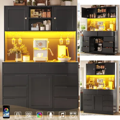 Image de Armoire haute moderne 120 x 40 x 183,5 cm – Armoire de cuisine avec éclairage LED intelligent, 8 tiroirs, étagères réglables en hauteur et fermeture magnétique, grande armoire de rangement, noir