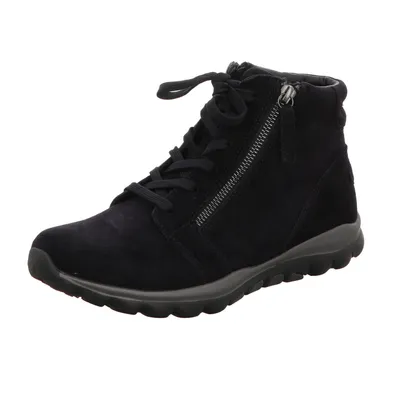 A single blue Gabor women's lace-up bootie with a side zipper, shown from a three-quarter angle against a white background.