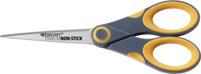 Productafbeelding van WESTCOTT E-33670 00 Schaar van titanium met antiaanbaklaag, grijs/geel, afgerond, recht, symmetrisch, 18 cm