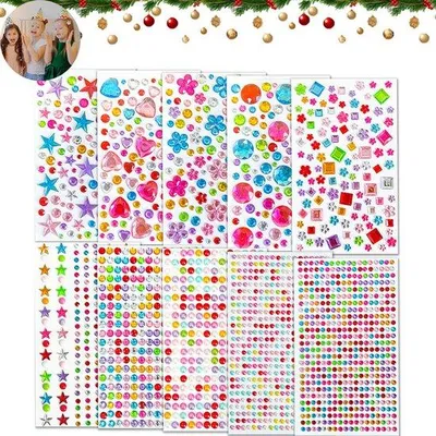 Produktbild von 10 Stück - Selbstklebende Edelstein-Sticker - Mit Glitzersteinen - Farbige Edelstein-Sticker - Ca. 2150 Glitzersteine - Ideal für Bastel- und Schmierfleckbedarf für Kinder.