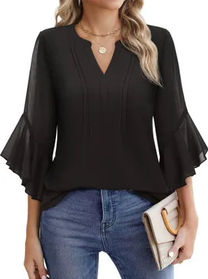 Produktbild von ASKSA Damen 3/4 aermel Bluse Elegant V-Ausschnitt Chiffon Tunika Doppellagig Hemden Tops Shirt Casual Business Locker Oberteil (Schwarz,XXL)