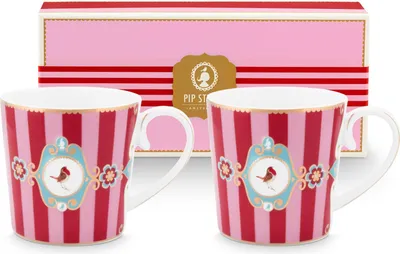 Produktbild von PIP STUDIO Love Birds Medallion Stripes Red-Pink Henkelbecher Large 0,25l Set2