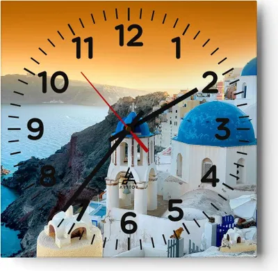 Produktbild von Wanduhr - Quadrat - Glasuhr - Santorini Griechenland Urlaub Insel - 40x40cm - Schleichendes Uhrwerk - Lautlos - zum Aufhängen bereit - Dekoration Modern - Wanddekoration aus Glas - C4AC40x40-2529