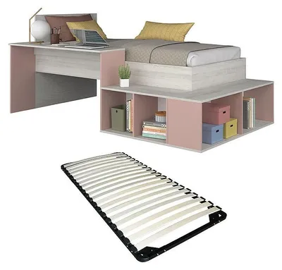 Produktbild von Kombi-Bett 90 x 200 cm mit Stauraum & Schreibtisch + Lattenrost - Holzfarben & Rosa - RIGALI