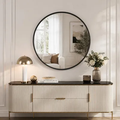 Productafbeelding van INONEFT RVS wandspiegel, 75 cm, badkamerspiegel met frame van aluminiumlegering, hoogwaardige make-upspiegel, gehard glas, zwart, AI-gegenereerde afbeelding