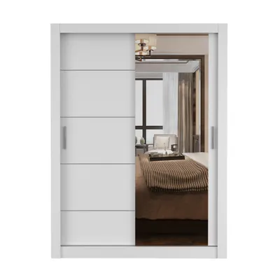 Produktbild von Schwebetürenschrank LION, Schlafzimmer, Kleiderschrank Schrank 150 cm Weiß/Weiß mit Spiegel, alufarbene PVC-Griffe