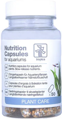A clear product shot of a bottle of Tropica Nutrition Capsules for aquariums.