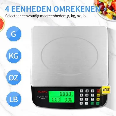 Productafbeelding van Digitale Keukenweegschaal 30 kg - Roestvrij Staal - LCD-Display met Tarra-Functie - Precisieweegschaal met PCS Telweegschaal - 3 Eenhede