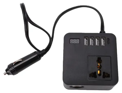 Obrázok produktu pre Automenič, 300 W (špičkový výkon), so 4 USB portmi na nabíjanie, 1 portom typu C, LED indikátorom napätia, adaptérom na zástrčku pre väčšinu vozidiel