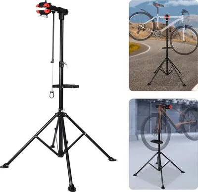 Produktbild von Fahrrad-Montageständer - Klappbarer Reparaturständer - Für MTB & Rennrad - Höhe 107,9–189,8 cm - Traglast 50 kg - Klemmstange 35 cm - Kohlenstoffstahl & Nylon - Schwarz/Rot
