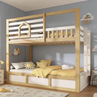 Produktbild von Merax Etagenbett 90x200cm Hüttenstil mit Leiter, Kinderbett mit Sicherheitsgeländer und Hydraulik-Stauraum, Jugendbett aus Kiefer, EN747, Naturholz