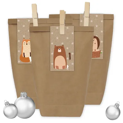 Produktbild von 24 Adventskalender Papiertüten mit 24 Zahlenaufklebern und Klammern - zum selber Basteln - DIY Set Adventskalender zum Befüllen - Design Nr 34