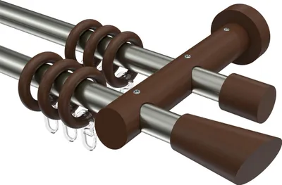 Produktbild von Interdeco Gardinenstange / Vorhangstange Edelstahl-Optik / Nussbaum lackiert, Typ Talena Bero (Konus Schräge), 20 mm Ø 2-läufig, 260 cm