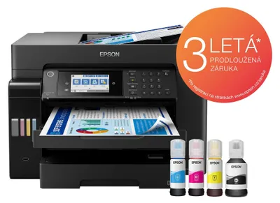 A black Epson EcoTank L15160 inkjet printer is shown with four ink bottles in front of it. A circular orange graphic with text is overlaid on the upper right side of the printer.