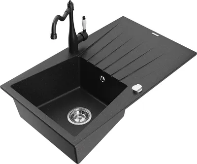 Produktbild von Mexen Cesar 1 Becken-Granitspüle mit Abtropffläche und Mischbatterie Carla, Schwarz/Silbermetallic - 6514-73-670700-70