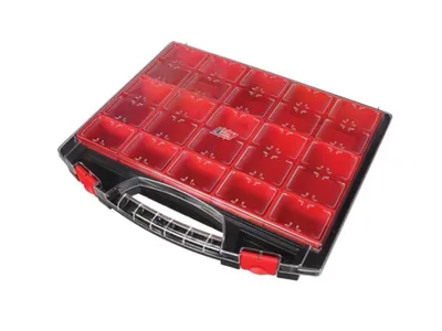 A black and red storage box with multiple compartments and a clear lid, shown from a slightly elevated angle.