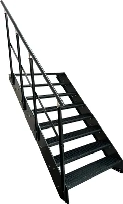 A black metal staircase with a silver handrail against a white background.