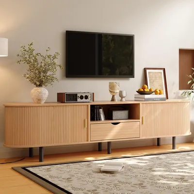 Produktbild von okwish Moderner TV Schrank mit zwei Rolltüren und Staufach, lowboard mit Schubladen, Fernsehbank abgerundetem Design, Natur