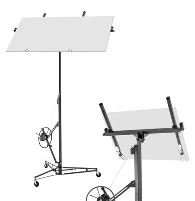 Produktbild von Faltbarer Gipskarton-Plattenheber für Trockenbau, höhenverstellbar 180-470 cm, Traglast 68 kg, 3 Lenkrollen mit Bremse, 60° Neigung, Grau