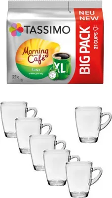Produktbild von Tassimo Kapseln Morning Café Filter XL + Gläserset coffee 6 Stück cc 310