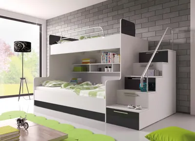 Obrázok produktu pre Doppelstockbett Etagenbett Hochglanz Hochbett 90x200 Kinderbett FARBE SCHWARZ