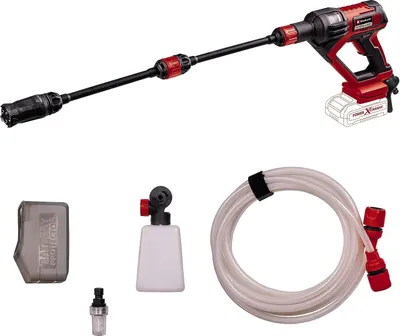 A collection of cordless pressure washer accessories, including the main unit, a lance, a foam cannon, a battery protector, a filter, and a hose.