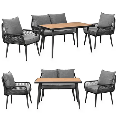 A set of outdoor furniture including a sofa, two chairs, and a table, presented from two different angles.