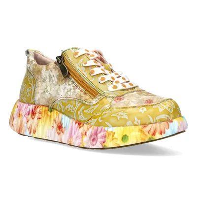 Produktbild von LAURA VITA Sneaker Nikito 62 abricot gelb Ledermix mit Stoffeinsatz geblümt und bedrucktem Plateau Weite G  Innensohle rausnehmbar Grösse 42 EU