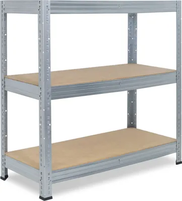 A close-up, straight-on view of a metal shelving unit with wooden shelves against a white background.