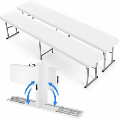 Obrázek produktu pro Sada dvou skládacích laviček – ideální do zahrady a na kempování – délka 183 cm – madlo pro přenášení – sedák z plastu HDPE – ocelová konstrukce, nosnost 500 kg – bílá barva