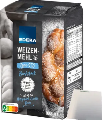 Produktbild von Edeka Weizenmehl Type 550 ideal für Hefegebäck und helle Brote (1kg Packung) + usy Block