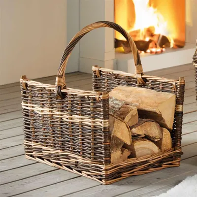 Image de Panier à bois "Grande" en osier, panier à bois pour le bois de cheminée, grand panier à bois de chauffage, panier de transport pour le bois, rangement du bois de chauffage