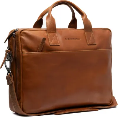 A brown leather briefcase is shown against a white background.