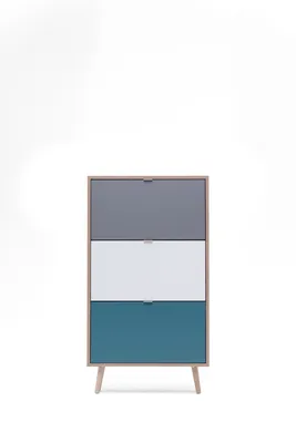A three-drawer shoe cabinet with a wood frame and colored drawers, presented on a white background.