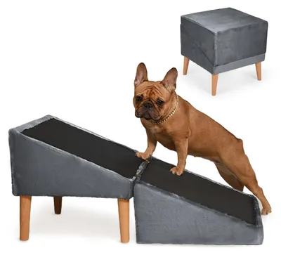 Produktbild von VELORA H&L Hunderampe Dunkelgrau - 2in1 Hundetreppe & Sitzhocker, Einstiegshilfe für Sofa/Bett, Holz & Velours, rutschfest, für Hund & Katze