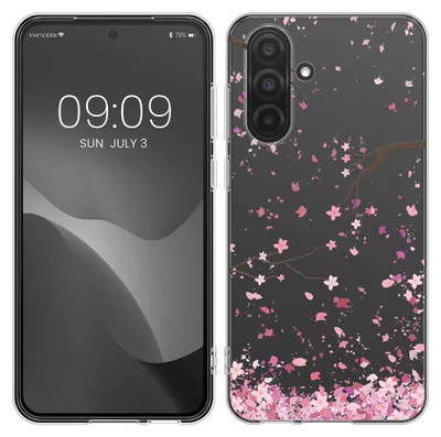Produktbild von kwmobile Case kompatibel mit Samsung Galaxy A36 5G - Hülle Silikon transparent Kirschblütenblätter Rosa Dunkelbraun Transparent