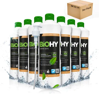 Produktbild von BiOHY Creme Seife (9x1l Flasche) + Pumpspender| Hautschonende, rückfettende und aus dem pflanzlichen Bereich PHOSPHATFREI | Ohne Parfüm und Farbstoffe