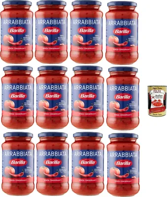 Produktbild von Barilla Arrabbiata Pasta-Sauce – 12 x 400 g (4,8 kg) | Mit italienischen Tomaten & Chili, würzig-stückig, servierfertig – ideal für Spaghetti & Penne, Familien-Vorrat + Italian Gourmet polpa