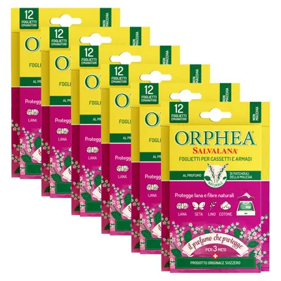 Immagine prodotto di Orphea Salvalana, Foglietti Emanatori per Cassetti e Armadi, per Lana e Vestiti Tutta la Stagione, 6 Confezioni da 12 Foglietti, Profumo di Patchouli