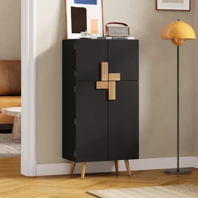 Produktbild von MODFU Küchenschrank 60×35×120 cm, Vorratsschrank mit verstellbaren Einlegeböden, Hochschrank Aufbewahrungsschrank mit 4 Türen & Türablagen,Schwarz