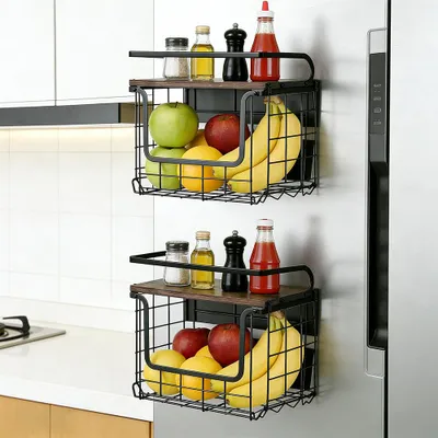 Produktbild von 2x Obstkörbe Hängend mit Holzdeckel Metallkorb Drahtkorb aus Metall