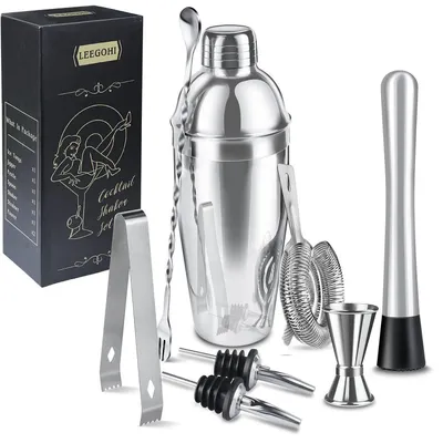 Immagine prodotto di Set di shaker per cocktail, 8 pezzi, 750 ml, acciaio inossidabile, colore argento, con accessori