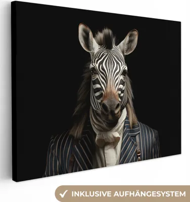 Produktbild von MuchoWow® - Leinwandbilder - Zebra - Porträt - Schwarz - Weiß - Tier, Wandbild, Wanddeko Bilder Wohnzimmer, 40x30 cm