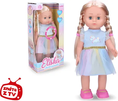 Image de Wiky Eliska poupée marchante 41 cm robe bleue - Emballage en anglais