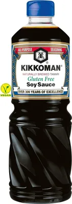 A bottle of Kikkoman Gluten Free Soy Sauce against a white background.