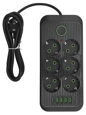 Produktbild von 6-Wege-Steckdosenleiste mit 4 USB- und 1 Typ-C-Anschluss, europäischer Standard-Steckdosenschalter, 2-Meter-Kabel